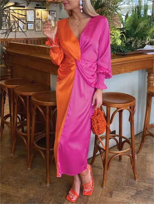 2022 Summer Wind Women Orange Matching Rose Long Sleeve Dress