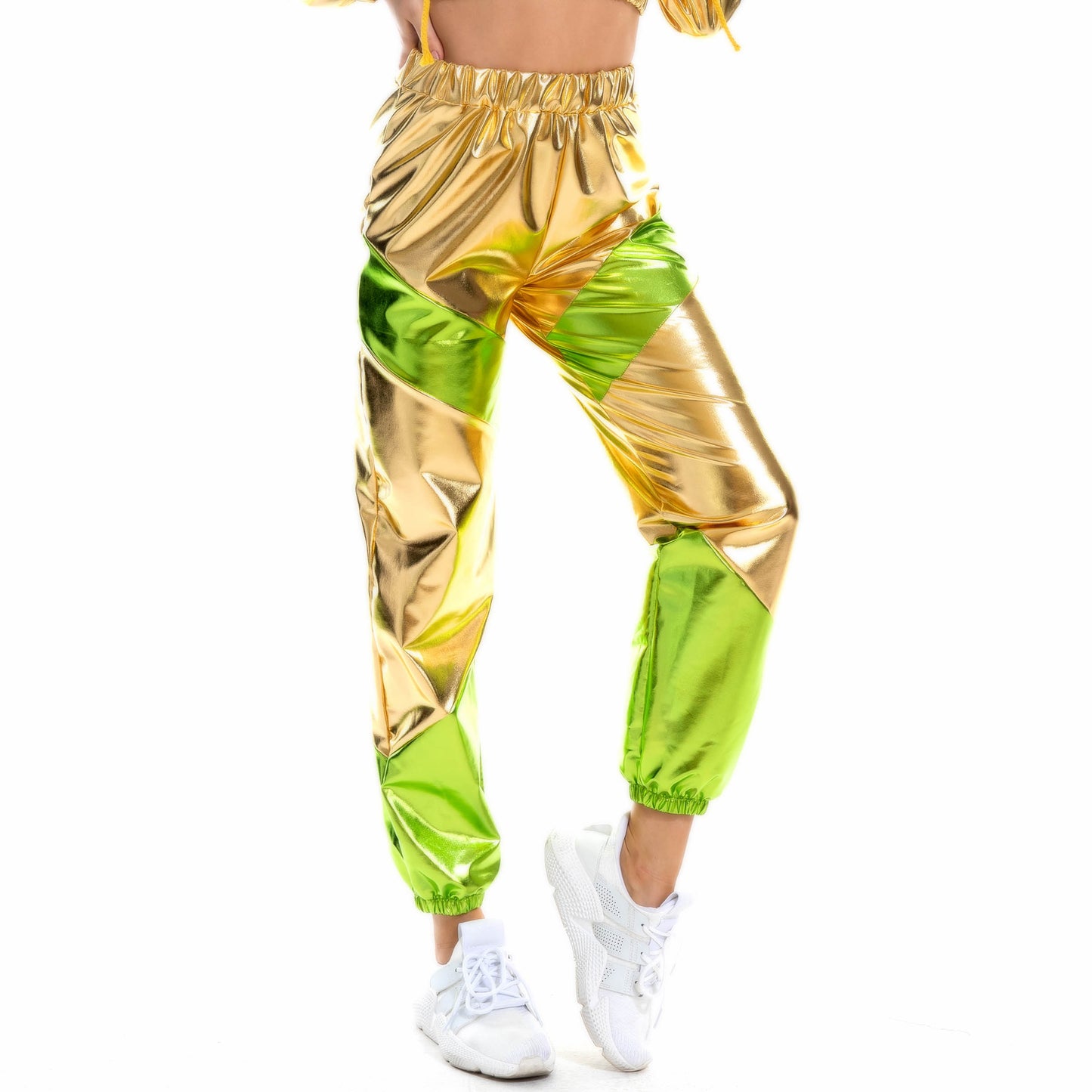 Contrast Color Trousers Women Bronzing Patent Leather Colorful Laser Pocket Loose Women Pants