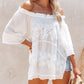 2022 Spring Leisure Women Clothing Lace Floral Pullover round Neck Loose off-Shoulder Lace Shirt