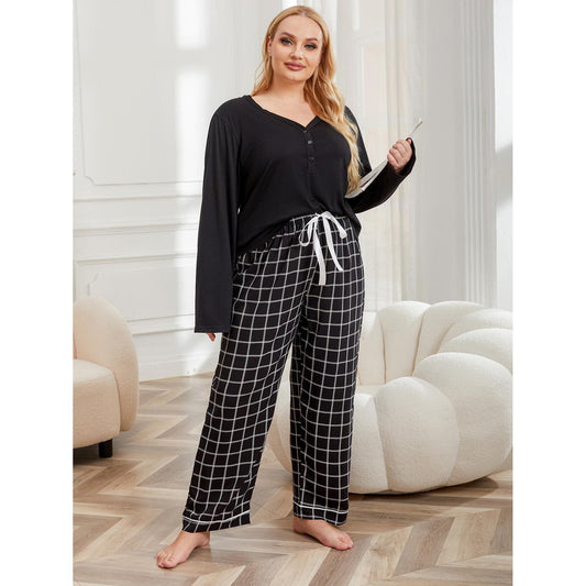 Plus Size Pajamas Women Autumn Winter V Neck Long Sleeved Homewear