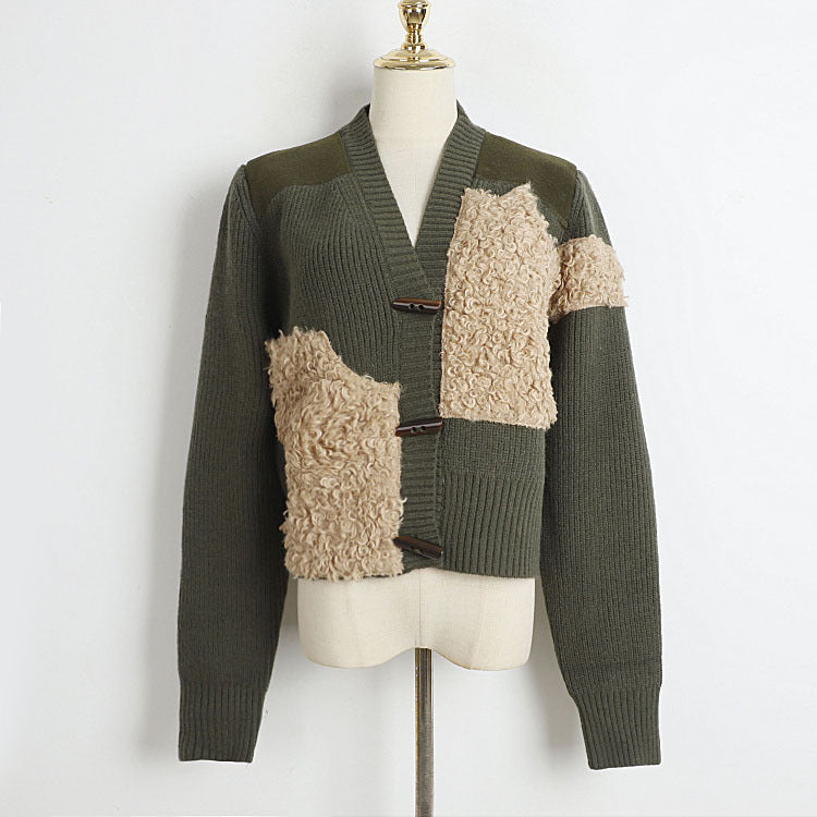 Niche Design Stitching Thick Sweater Women Autumn Winter Japanese Horn Button V Neck Warm Jacket
