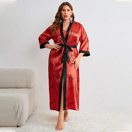Plus Size Love Sling Nightgown Two Piece Women Casual Homewear Loose Lace Up Nightgown