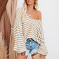 2022 Autumn Winter Wave Striped Sexy Puff Sleeve Loose Knitted Sweater Pullover for Women
