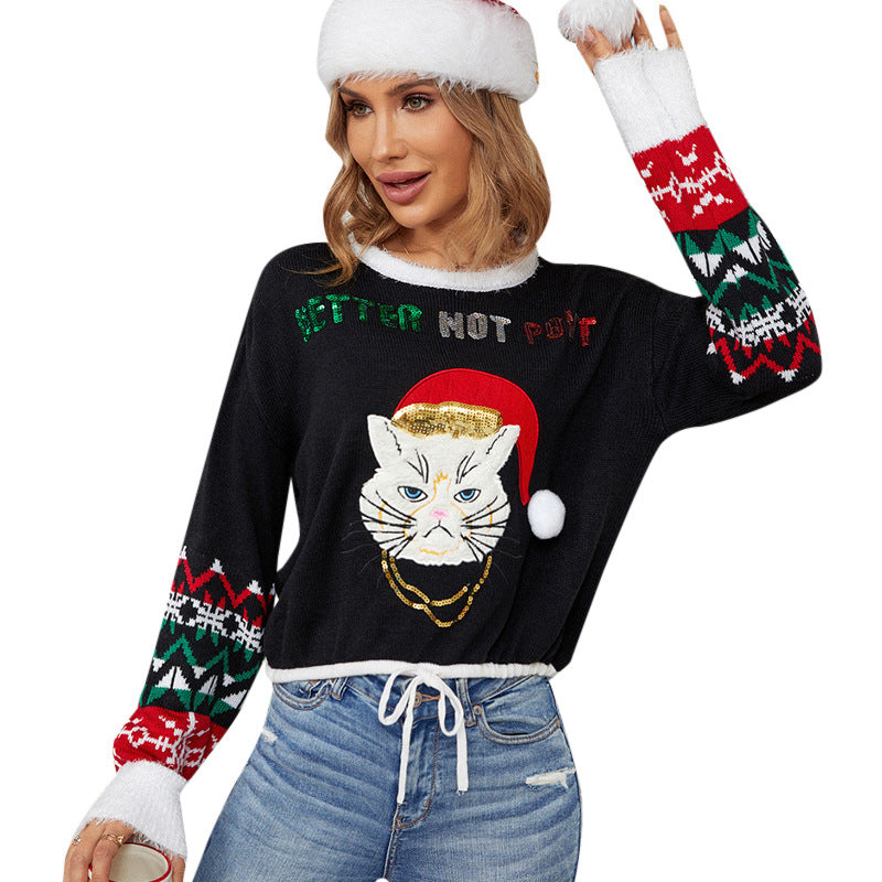 Women Clothing Cute Kitten Embroidered Christmas Black Sweater Pullover Cropped Sweater