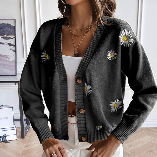 Sweet Women Clothing Small Chrysanthemum Embroidery V Neck Sweater Coat Autumn Winter Loose Knitted Cardigan