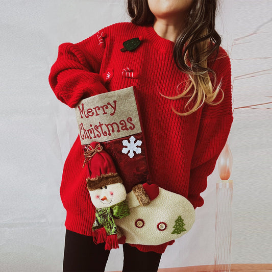 Loose Thick Christmas Sweater Oversized Christmas Stockings Snowman Doll Pocket Decoration Red Year Sweater Women