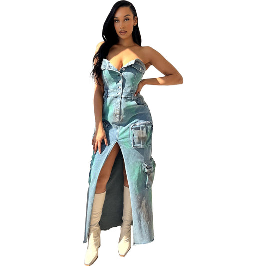 3D Pocket Sexy Bandeau One Shoulder Tie Dye Split Tooling Bag Dress