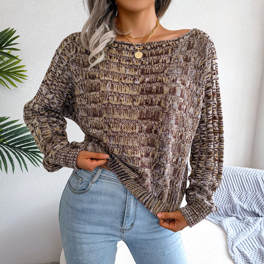 2022 Fall Winter Color Twist Long Sleeve off-Shoulder Knitted Sweater Women Clothing
