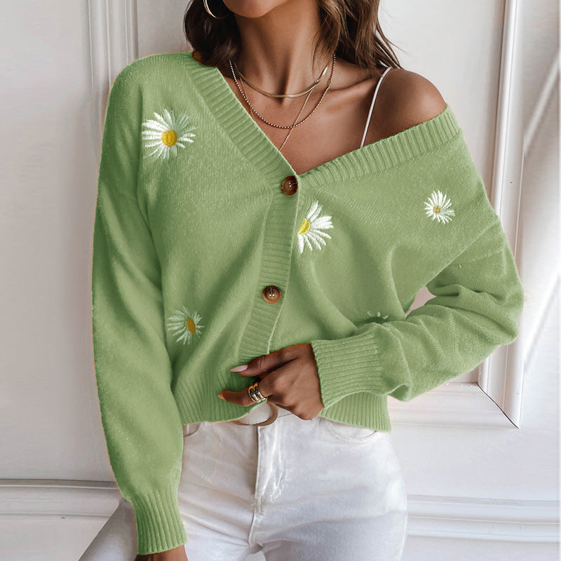 Sweet Women Clothing Small Chrysanthemum Embroidery V Neck Sweater Coat Autumn Winter Loose Knitted Cardigan