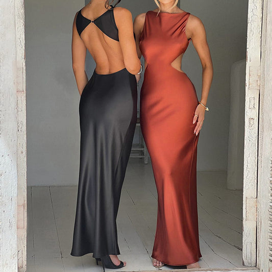 Women Spring Clothing Solid Color round Neck Sexy Backless Slim Fit Elegant Dress