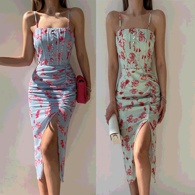2022 Internet Floral Digital Printing off-Neck Strap Dress