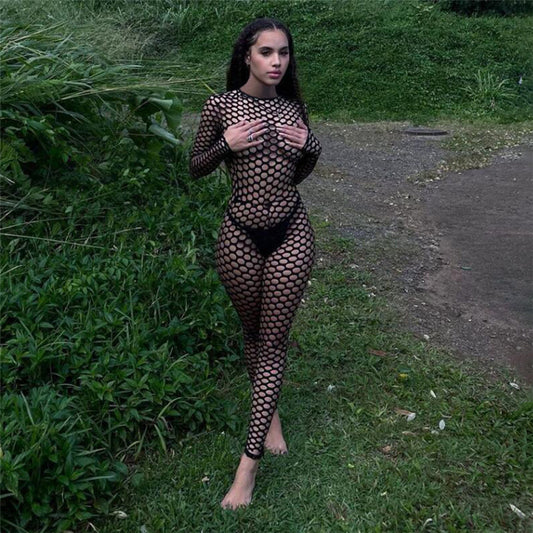 Spring Women Solid Color Long Sleeve Fishnet Hollow Out Cutout round Neck Slim High Waist Sheath Jumpsuit