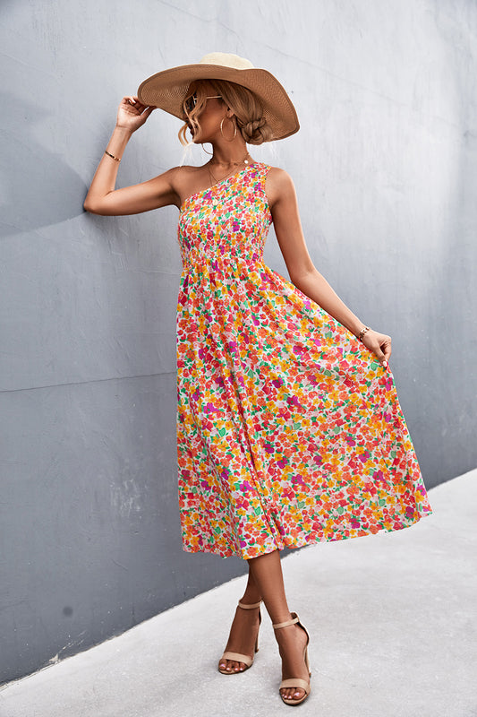 Spring Summer 2022 New  Sexy Oblique Shoulder Smocking Floral Print Dress for Women