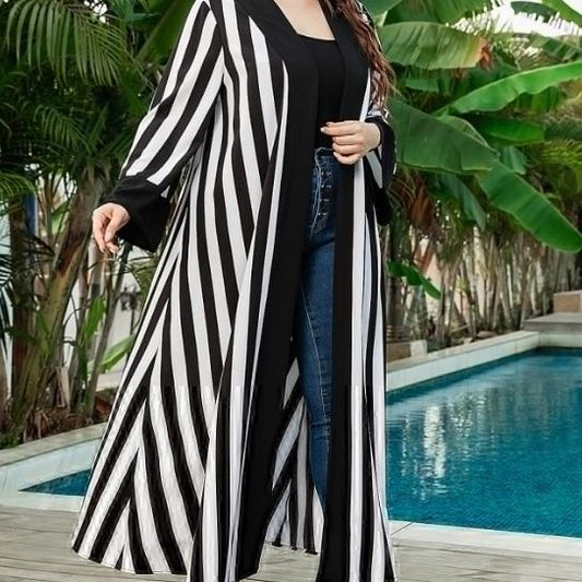 Plus Size Casual Cardigan Coat Striped Color Matching Artistic Long Sleeve Women