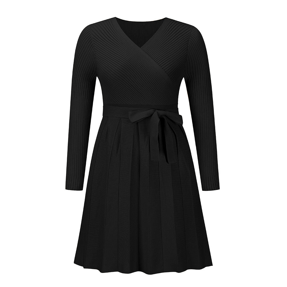 2022 Autumn Winter Style Sweater Dress Sexy V-neck Pleated Knitted Short A- Word Dress