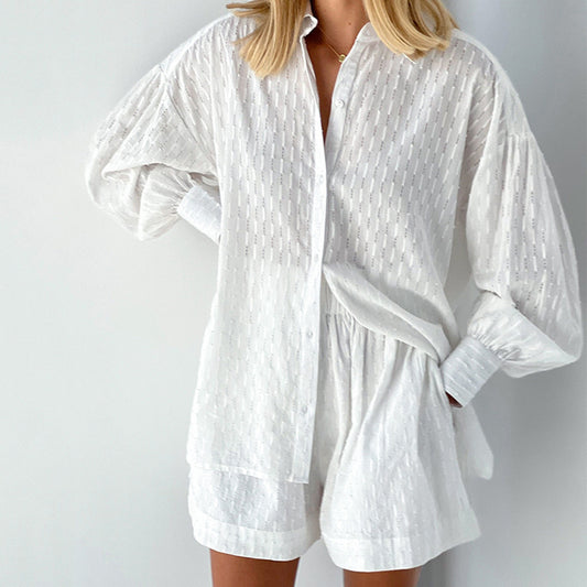 2022 Summer Women  Shirt Jacquard Lantern Sleeve Elegant Top Shorts Commuter Design Casual Suit textured