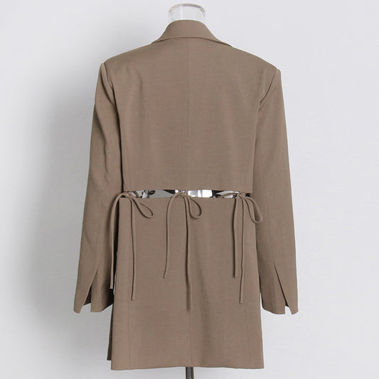 Australian Brand Design Coat 2022 Autumn Hollow-out Buckle-Free Lace-up Lapel Long Sleeve Solid Color Loose Suit Women