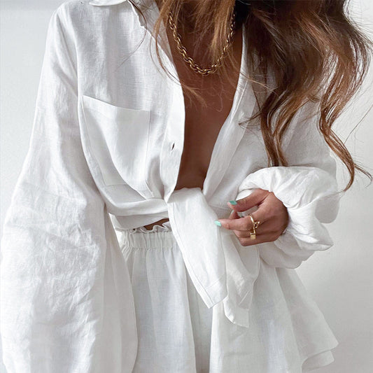 Summer Cotton Linen Women Long-Sleeve Blouse Ruffled Shorts Two-Piece Casual Fashion White Suit