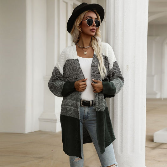 Women Clothing Autumn Winter Color Matching Bottoming V Neck Knitted Sweater Women Coat