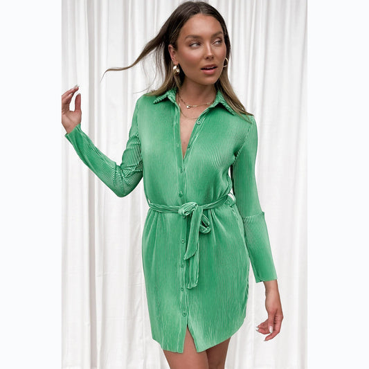 2022 Spring Summer Pure Color Pleated Single-Breasted Shirt Dress