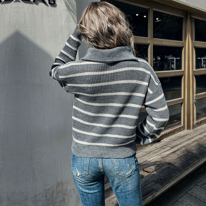 2022 Autumn Women Wear Long Sleeve Polo Collar Stripes Sweater