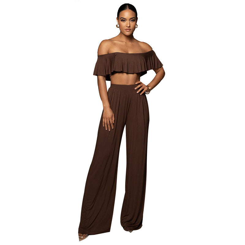 2022 Sexy off-Neck Lotus Leaf Tube Top Midriff-Baring Top Women Clothing Casual Wide Leg Pants Suit