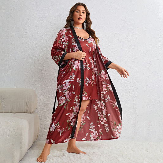 Plus Size Ice Silk Pajamas Artificial Silk Nightdress Outerwear Gown Two Piece Sexy Cartoon Print Casual Homewear