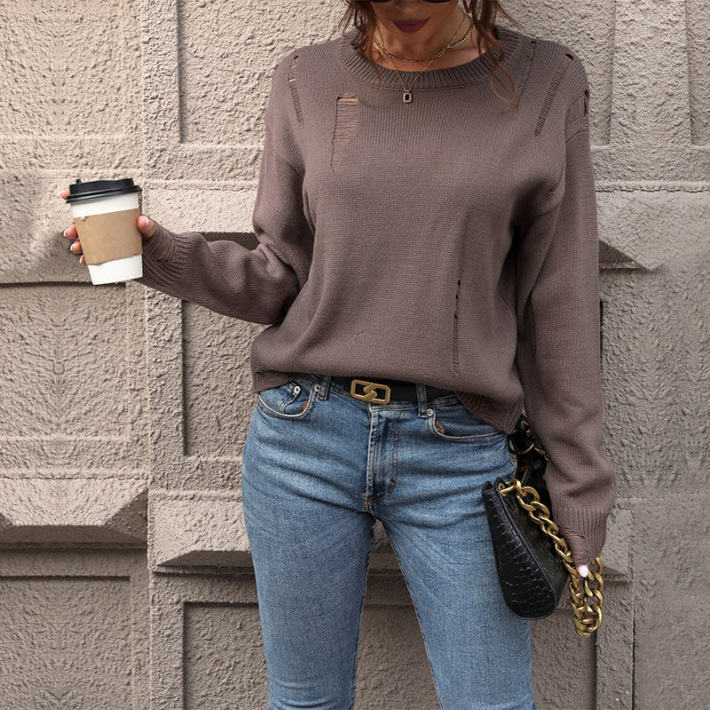 Autumn Women Wear Solid Color Hollow Out Cutout out Sweater