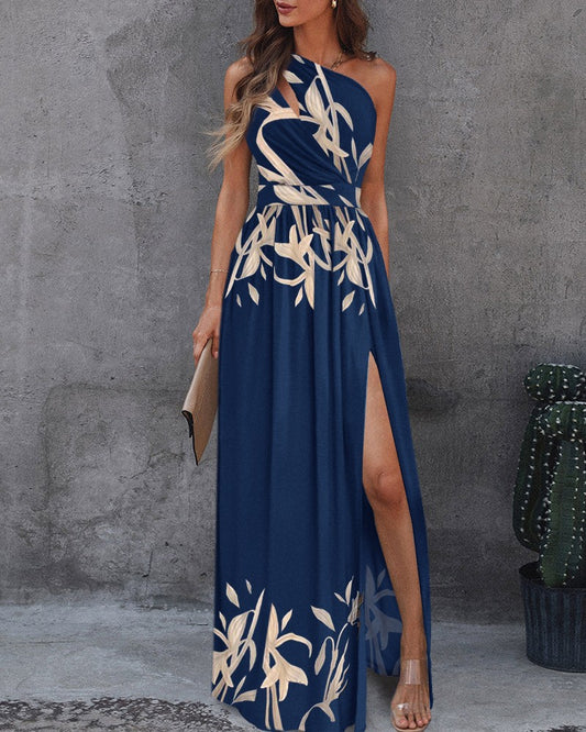 New Sexy Solid Color off Shoulder Hollow Out Cutout out Halter High Waist Slit Maxi Dress for Women