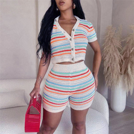 Women Clothing Summer Polo Collar Breasted Short Sleeve Striped Color Matching High Waist Tight Shorts Knitting Set
