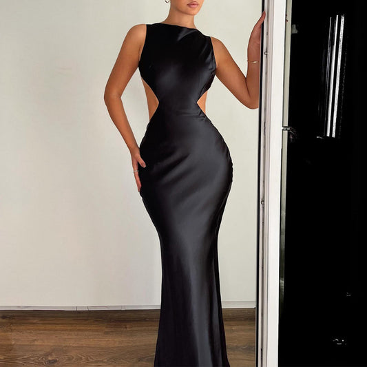 Women Spring Clothing Solid Color round Neck Sexy Backless Slim Fit Elegant Dress