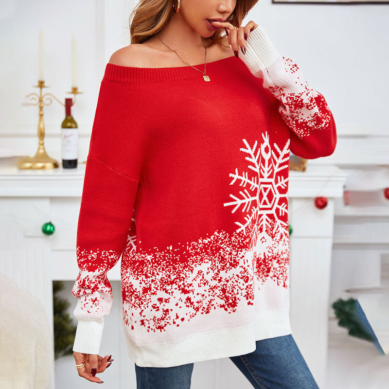 Popular Small Snowflake Christmas Sweater Autumn Winter Christmas Casual Off The Shoulder Sweater Women