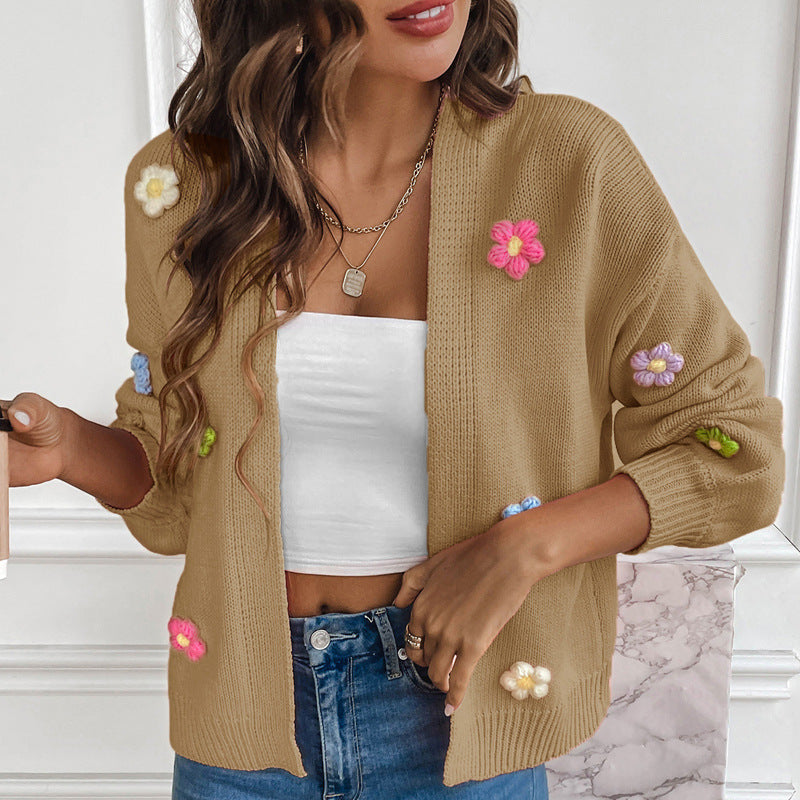 Hand Crocheting Floral Sweet Knitted Cardigan Sweater Coat Women Idle Casual Loose Sweater