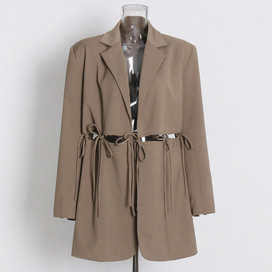 Australian Brand Design Coat 2022 Autumn Hollow-out Buckle-Free Lace-up Lapel Long Sleeve Solid Color Loose Suit Women