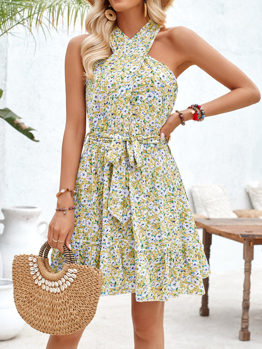 Year Summer Halter Knotted Printed Lace up Waist Dress Women Clothing