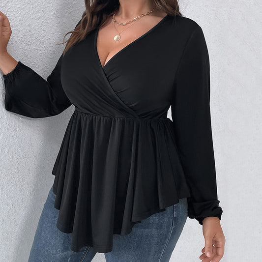Plus Size Sexy V neck Pleating Loose High Waist Slimming V Stitching Long Sleeved Knitted Top Women Solid Color Wide Hem Elastic Waist Shirt