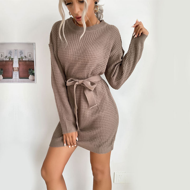 2022 Autumn Winter Sweater Women Lace-up Solid Color Long Sleeve Sweater Dress