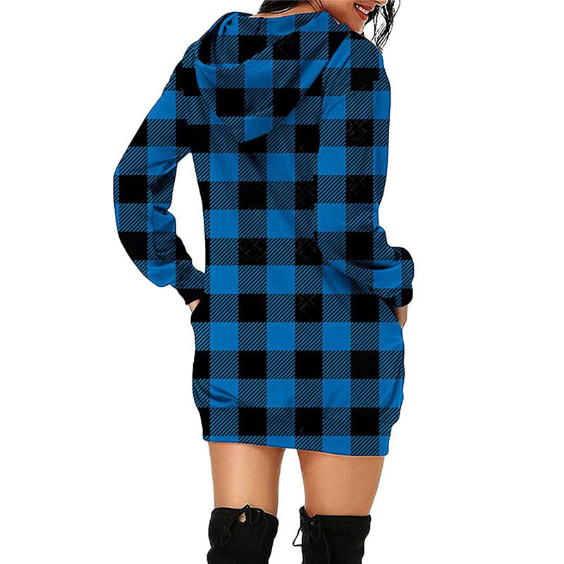 Women Printed Plaid Mid Length Pocket Hooded Long Sleeve Sweater