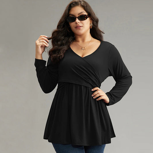 Plus Size Solid Color Pleated Design Bottoming Shirt Autumn Sexy Elegant Loose Long Sleeve T Shirt V Neck Shoulder Top