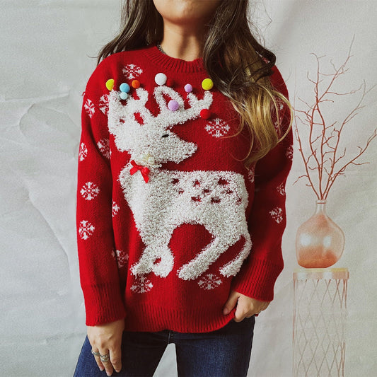 Elk Flocking Jacquard Handmade Pearl Colorful Ball Decorative Knitted Christmas Sweater Pullover