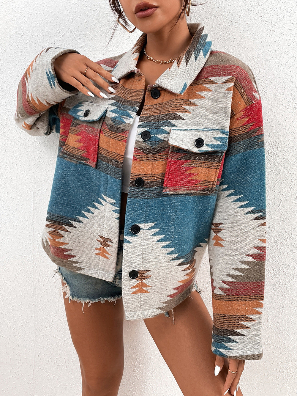 2022 Autumn Winter Lapel Single Breasted Geometric Abstract Pattern Jacquard Women Commuting Wear Woolen Thick  Shacket Coat