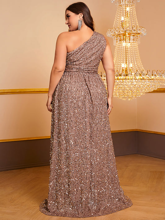 Plus Size Sequined Slit Dress Off Shoulder Sleeveless Evening Dress Elegant Graceful Dress