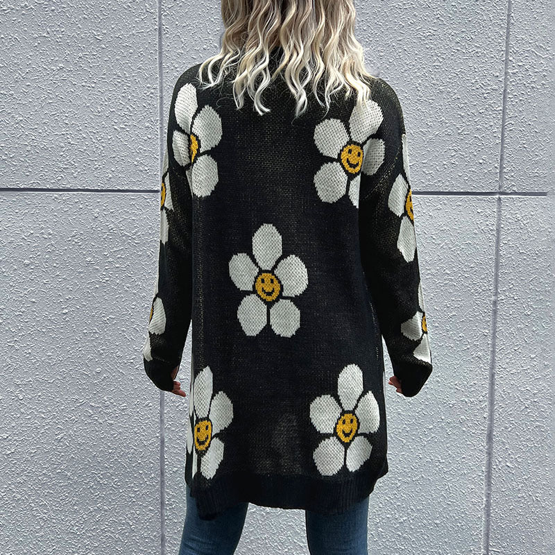 2022 Autumn Winter Women  Wear Floral Long Sleeve Sweater Cardigan Mid Length