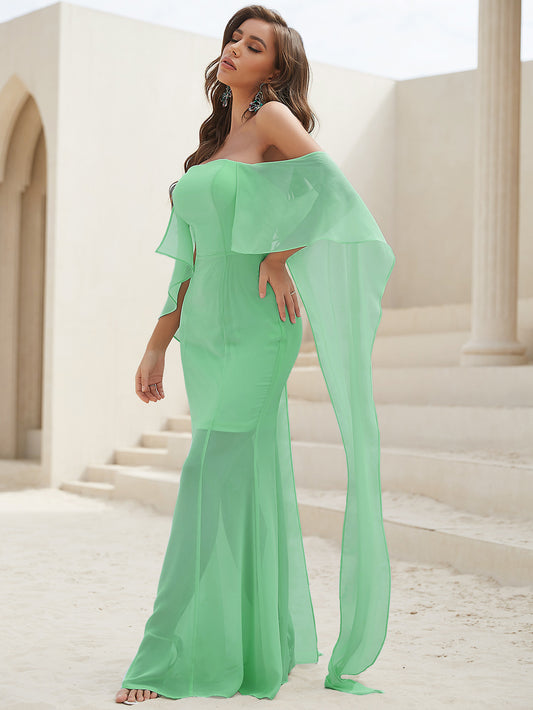 Women Strapless Short Sleeve Formal Elegant Lace Slim Bodycon Maxi Dress