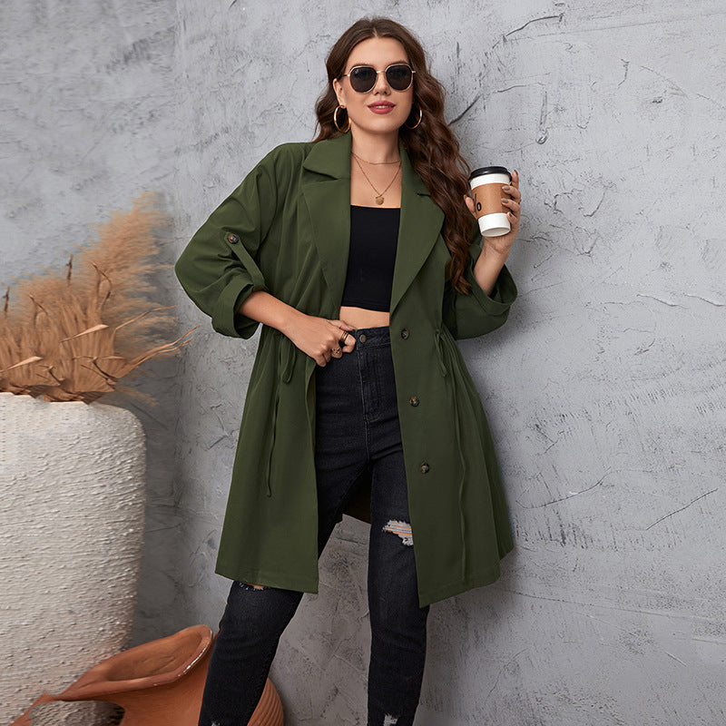 Plus Size Simple Graceful Collar Mid Length Solid Color Coat