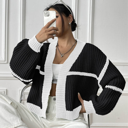 Women Cardigan Women Clothing Fall Winter Coat Color Contrast Patchwork Short Casual Loose Woven Sweater