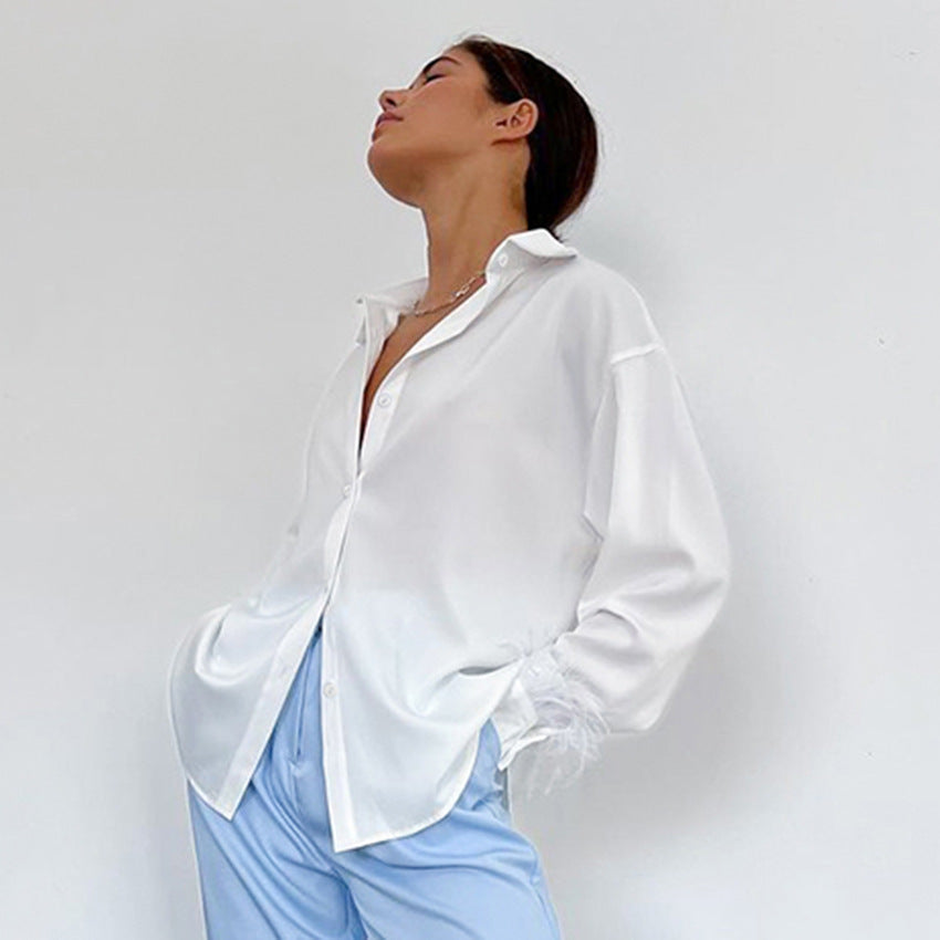Summer New Fashion Casual Shirt All-Matching Women Wear Ice Silk Feather Stitching Design Sense Ostrich Feather